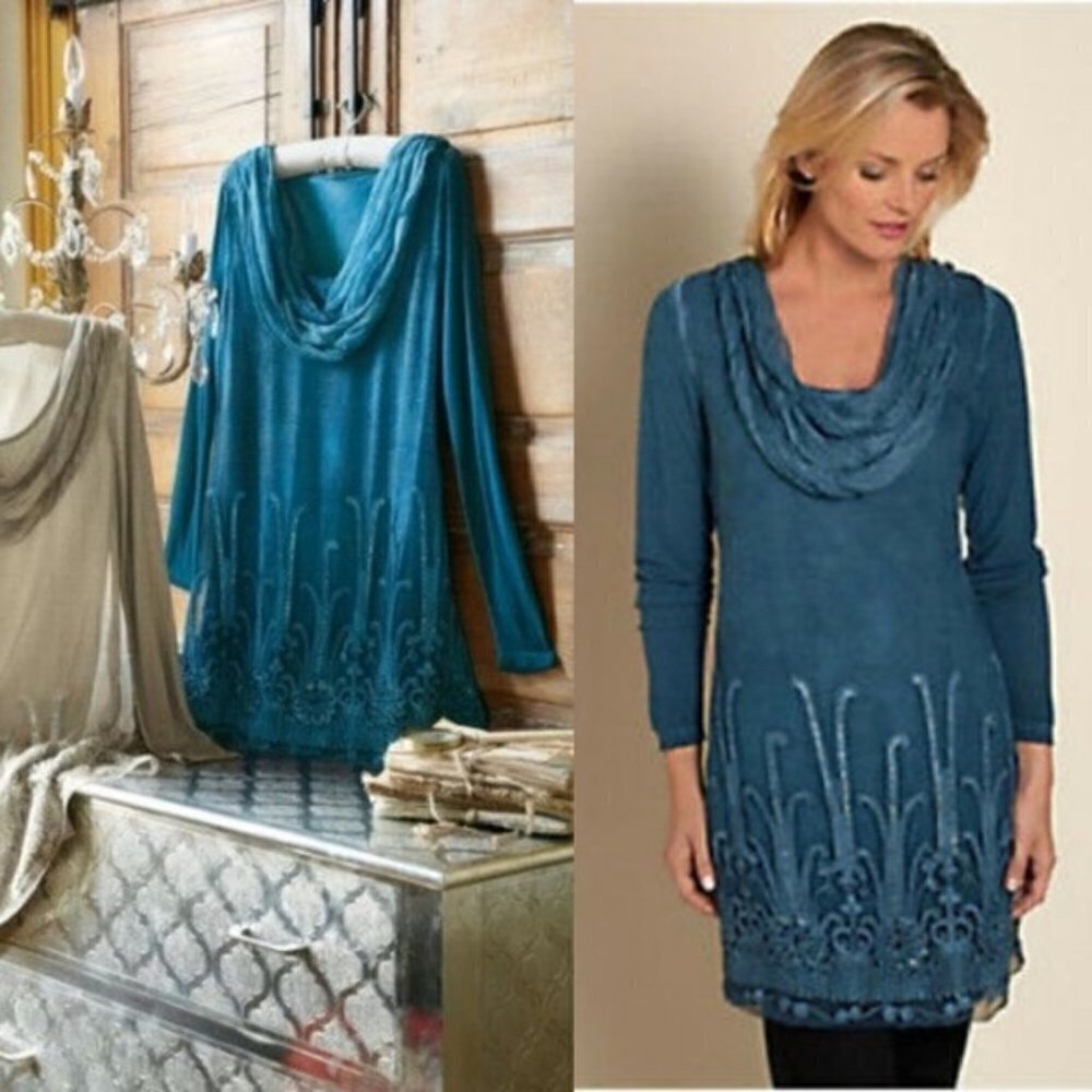 Soft Surroundings Tunic Teal Silk Beaux Arts Embellished Romantic Chiffon Cowl L